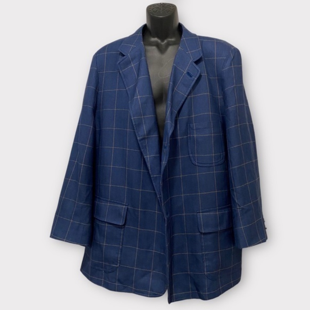 T. Harris 100% Silk Blue & Cream Window Pane Print Blazer Suit Jacket Size XXL